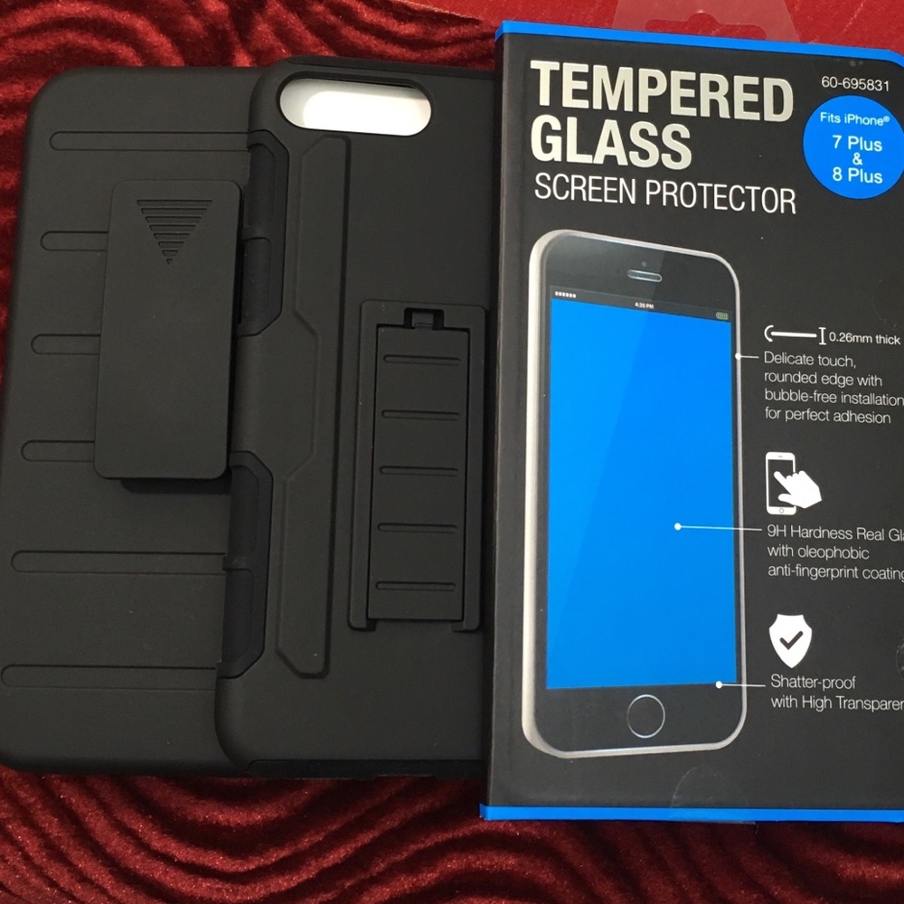 NEW HARD GRIP CASE HOLSTER & GLASS FOR IPHONE 7 PLUS PHONE KIT